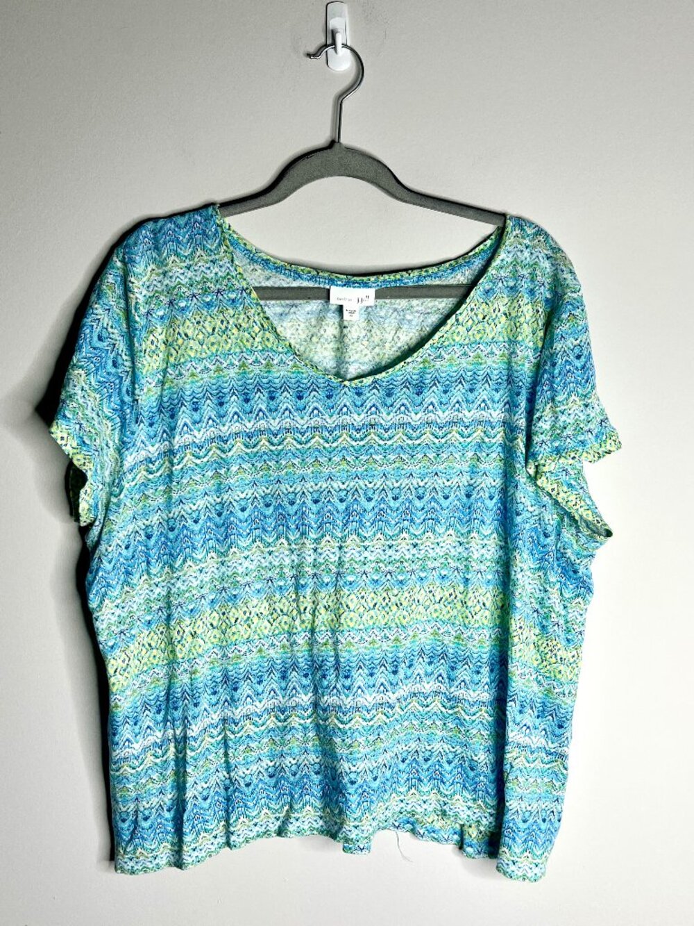 J. Jill LoveLinen Blue Southwestern Print 100% Linen Boxy Short Sleeve Tee Sz XL
